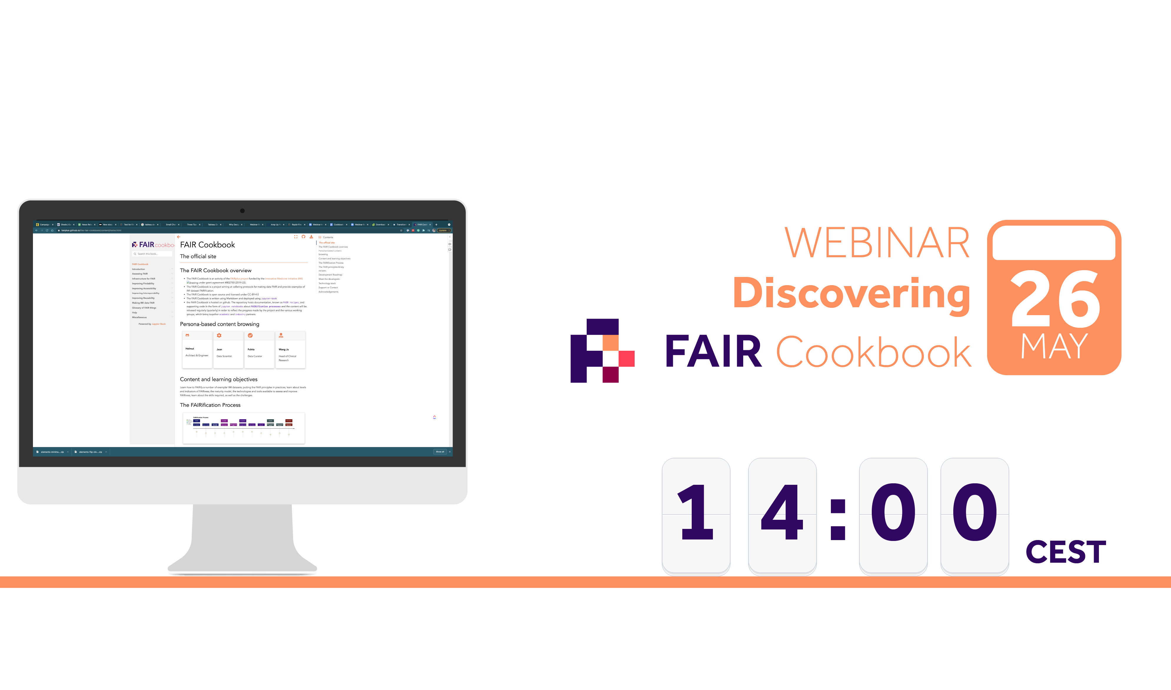 FAIRplus Webinar banner 26 May 2021. Discovering the FAIR Cookbook