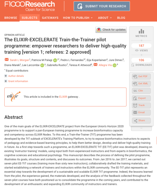 Screenshot of the Training Platform paper on ELIXIR's F1000 channel